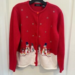 Crystal-Kobe Womens Christmas Winter Snowman Cardigan Sweater Red Size Medium